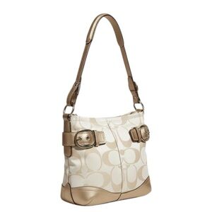 ✨ Coach Signature Jacquard Shoulder Bag Cream Ivory Gold Metallic Trim Hobo ✨